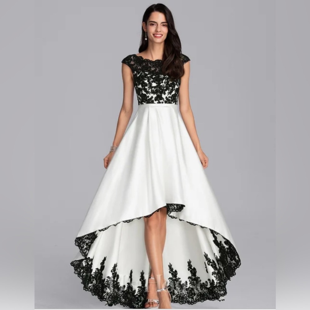 JJs House A-Line Scoop Illusion Asymmetrical Satin Lace Dress Fits a Size 4